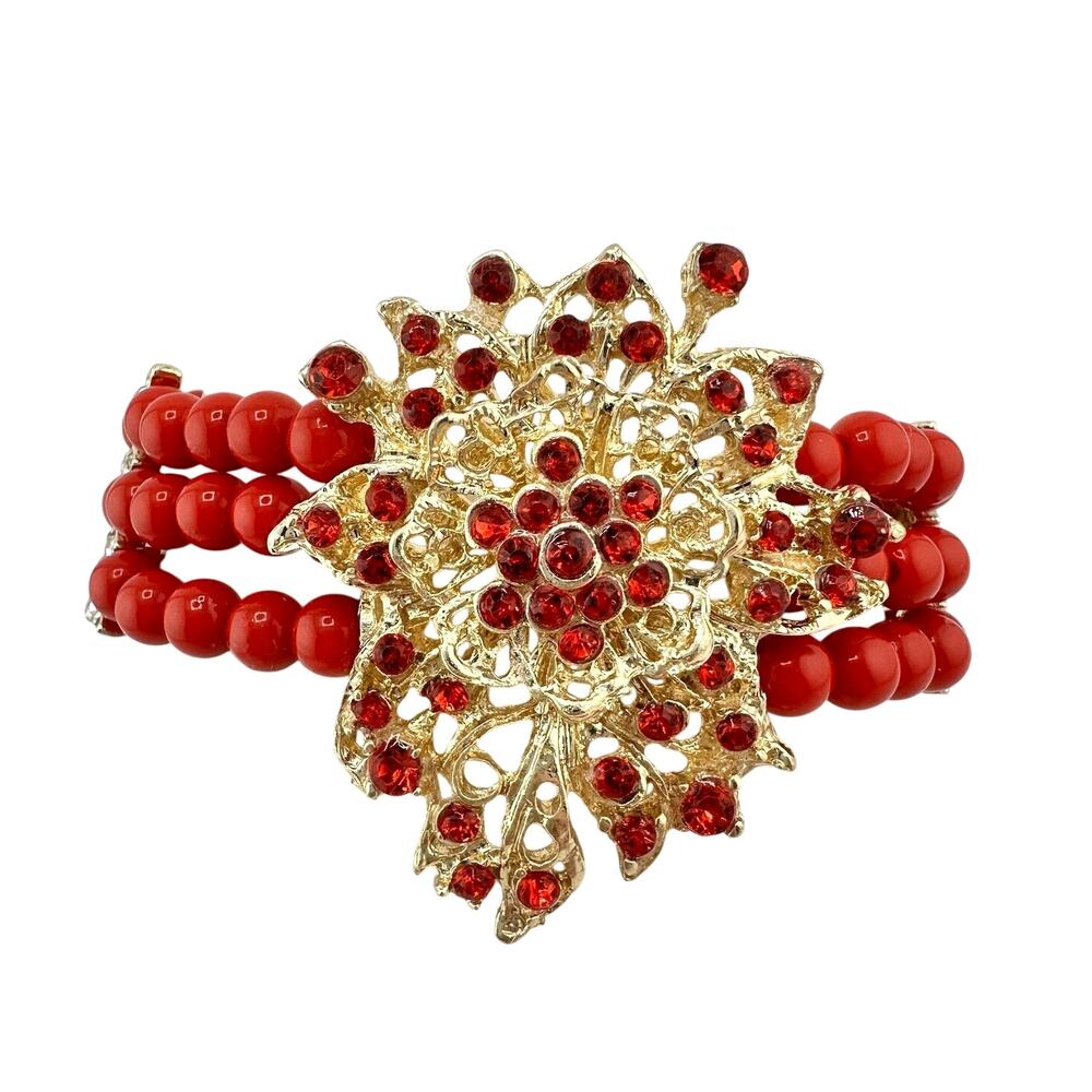 Red Rhinestone Flower Ornate Bold Gold Tone Multistrand Bead 6.75 to 9” Bracelet